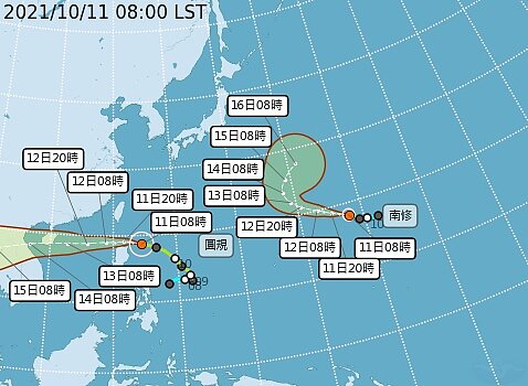 圓規颱風逐步接近,受到外圍環流影響,中央氣象局針對部分地區提高降雨警戒,警戒範圍也擴大至11縣市。(圖/中央氣象局)