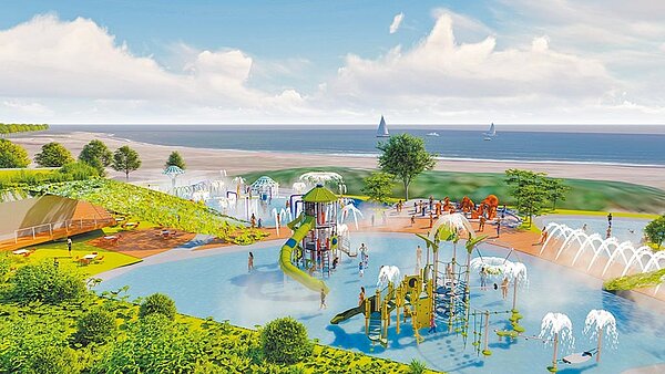 淡水沙崙文創園區即將動工,但地方對業者規畫的親水設施不滿意。圖為模擬圖。圖/新北市經發局提供