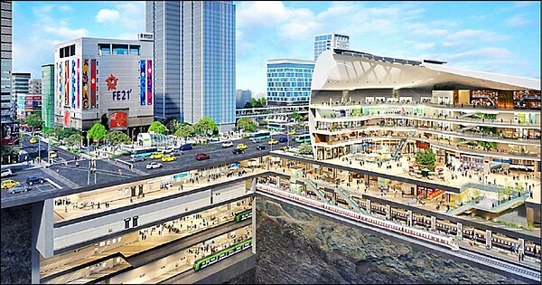 鐵路地下化後，桃園車站將為三鐵共構車站。圖為完工示意圖／捷運工程局提供
