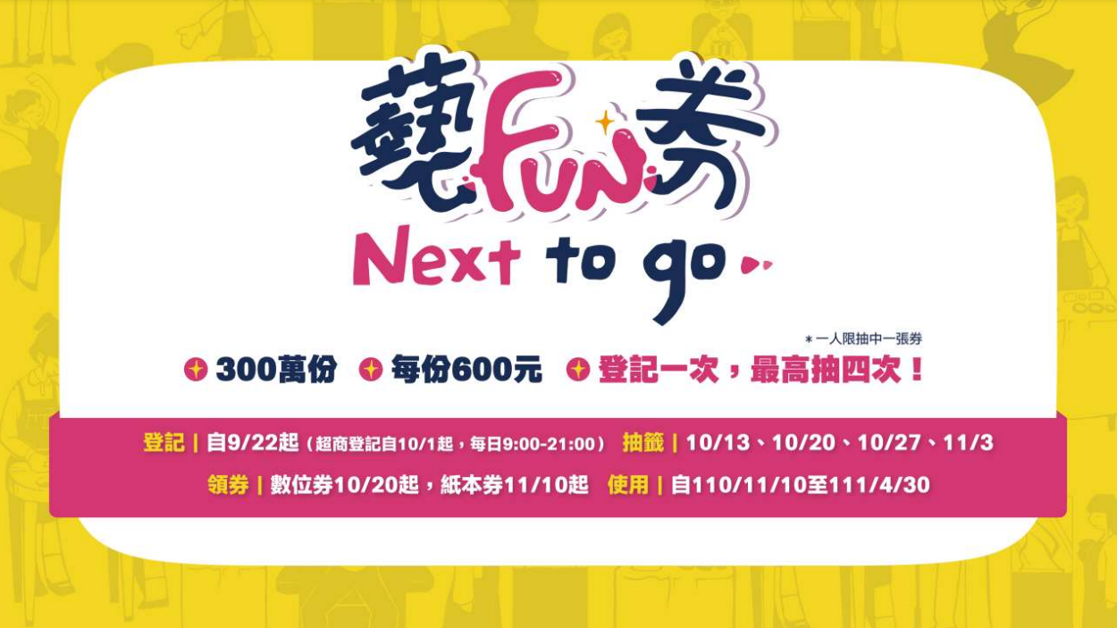 文化部藝FUN券第二周抽籤下午3時30分舉辦。圖／取自藝FUN券 NEXT To GO - 藝FUN NEXT官網