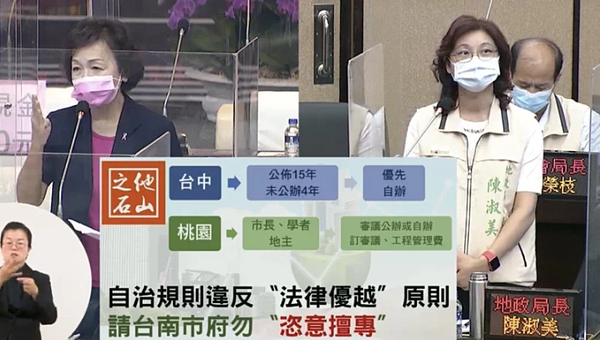 台南市議員洪玉鳳(左)昨天質詢市府地政局長陳淑美,要求市府協助整體開發區土地解套。圖/記者修瑞瑩翻攝