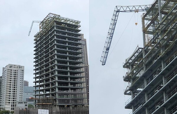 新莊區某大樓頂樓吊掛搖臂折斷。圖/翻攝自《愛新莊我是新莊人》