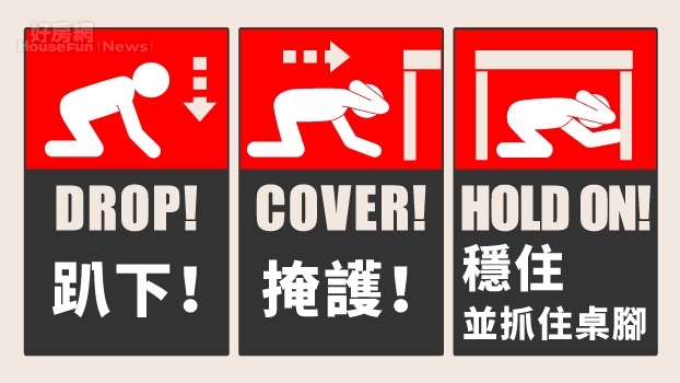 消防署公告地震發生時，民眾應採取抗震保命「趴下、掩護、穩住」3步驟。圖／內政部消防署提供