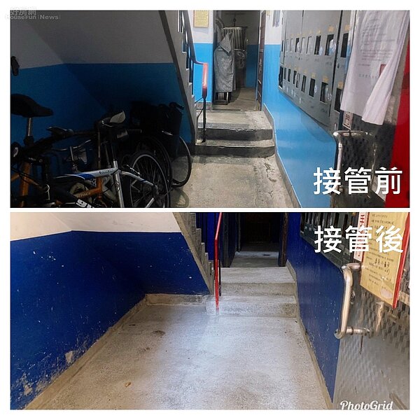 汙水接管後，使長期陰暗髒亂樓梯間變得乾淨明亮。圖／台北市工務局提供