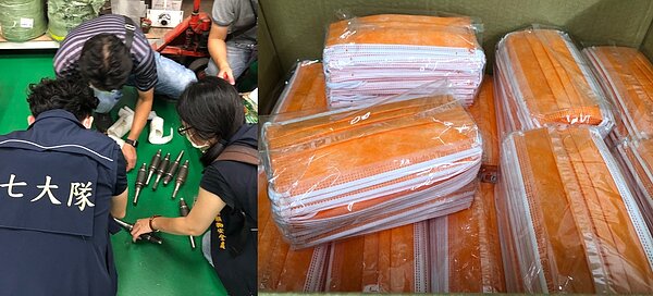 中市查獲非法產製醫療口罩工廠,現場查扣共計47萬2,300片印有Made in Taiwan及MD字樣的雙鋼印裸包醫用口罩。圖/台中市政府提供