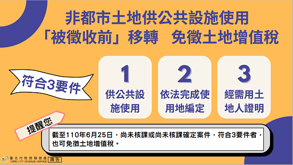 非都市土地供公共設施使用被徵收前移轉符合要件免徵土地增值稅。圖／北市府提供