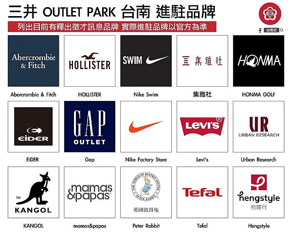 台南三井OUTLET品牌曝光。圖/取自臉書粉絲專頁「台南式」