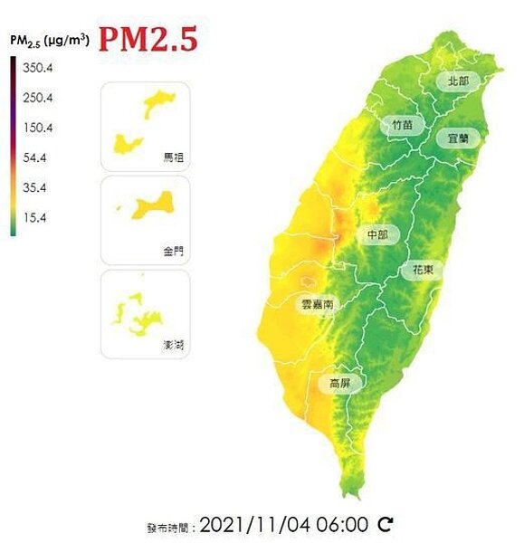 鄭明典說,背風渦旋內,汙染擴散不易,黃色到橙色,是偏東風天氣形態下的空氣品質。圖/取自鄭明典臉書