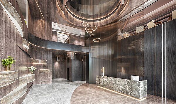 具質感又典雅的一樓大廳,挑高5.1米。圖/築億海格提供