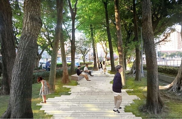 B段主題為「堤岸旁的綠蔭森林」,以既有長安公園體健和跳舞空間重整,堤岸改為觀賽坐階,連結長安公園榕樹群,創造新的休憩遮蔭空間。示意圖/公園處提供