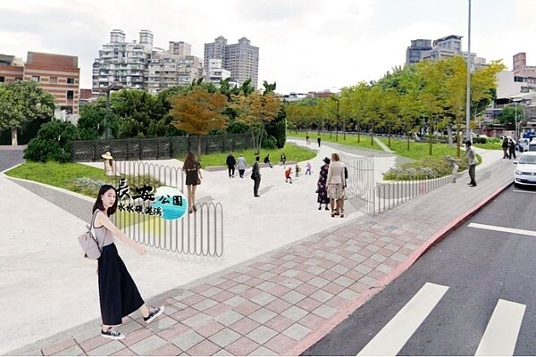 A段主題為「奔跑的水樂園」,以水元素意象及色彩來設計鋪面,喚起原有磺港溪水記憶。示意圖/公園處提供