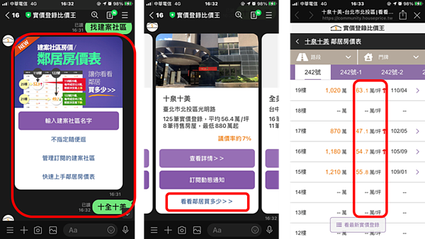 在實價登錄比價王的LINE帳號上，可以輕鬆比較周邊房價。圖／實價登錄比價王提供