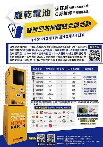 台中市政府環境保護局為推廣廢乾電池有效回收。圖/台中市政府提供