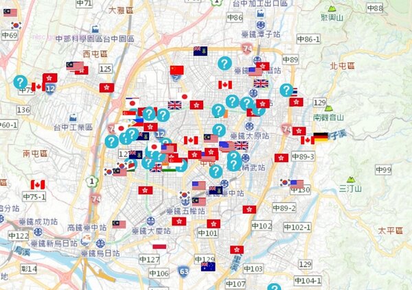 2021年外國人於台中市建物買賣分布區域。圖／截自《158空間資訊網》
