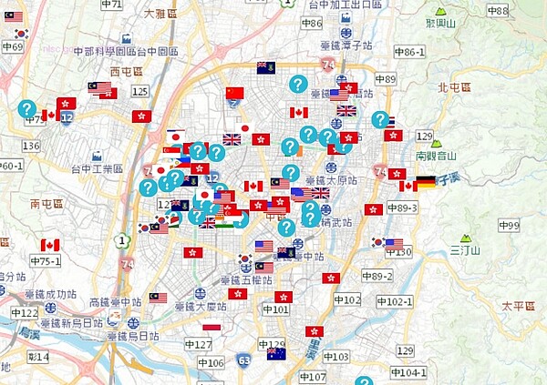 2021年外國人於台中市建物買賣分布區域。圖/截自《158空間資訊網》