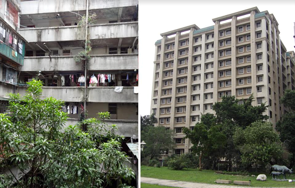台北市「水源路四、五期整宅案」都更前(圖左)每戶僅10坪大小,生活空間狹小,都更後(圖右)是每戶30坪的全新大樓。圖/第一銀行