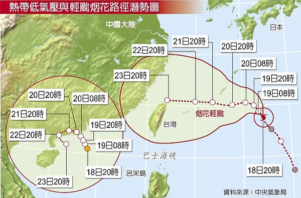 熱帶低氣壓與輕颱烟花路徑潛勢圖