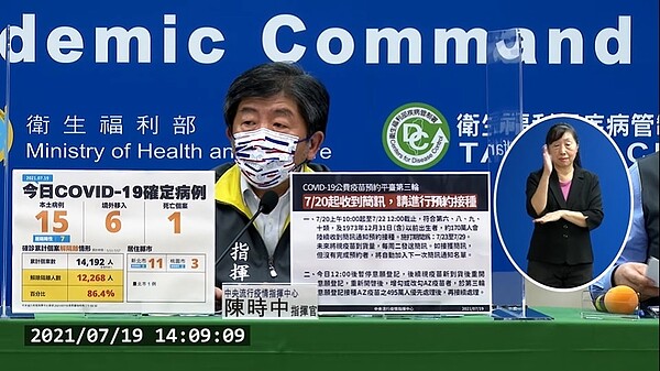 國內今(19日)新增15例本土個案。圖/截自疾管署YouTube直播
