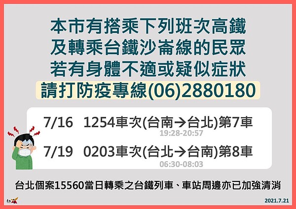 台南市政府公布案15560從台北到台南的相關足跡。圖／衛生局提供