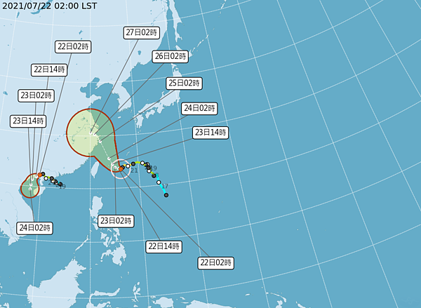 中央氣象局說,中度颱風烟花中心位置在台北的東南東方約500公里海面上,以每小時4公里速度,向西轉西北西緩慢進行,七級風暴風半徑200公里,十級風暴風半徑70公里。暴風圈正逐漸朝台灣東半部海面接近,對台灣東北部海面及東南部海面構成威脅。圖/取自中央氣象局網站