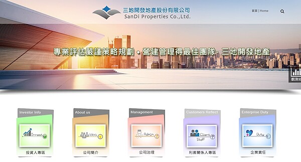 三地開發(1438)去年每股稅後淨利0.45元,因彌補虧損,22日股東會決議不配股利,並全面改選董事,陸瑩投資法人代表鍾育霖連任董事長。圖/截自三地開發官網