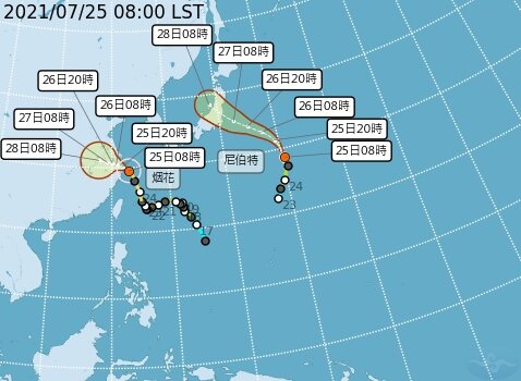 尼伯特、烟花颱風路徑潛勢預報。圖／取自氣象局網站
