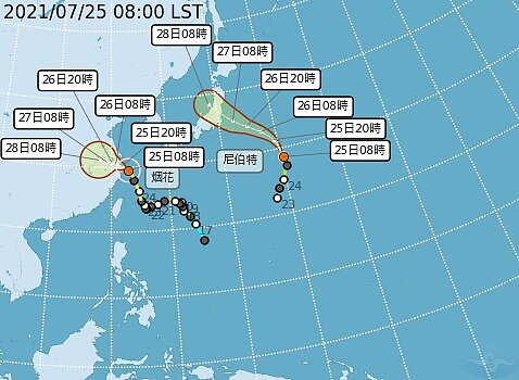 尼伯特、烟花颱風路徑潛勢預報。圖/取自氣象局網站