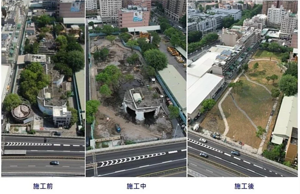歷時約1個半月,高雄左營區大中二路、民族路口廢棄水肥廠舊址已完成拆除,並妝點簡易綠化,讓整體風貌改頭換面。圖/高雄市政府提供
