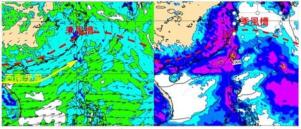 歐洲模式模擬1日20時850百帕風場圖顯示，季風槽調整至台灣附近，西南季風吹向台灣，預計台灣會有大量降雨。圖／取自「三立準氣象．老大洩天機」專欄