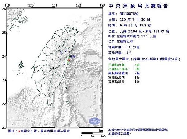 中央氣象局發布第76號顯著有感地震報告。圖／取自氣象局網站