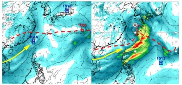 歐洲（ECMWF）模式模擬5日20時850百帕風場圖顯示，日本東南方海面有低氣壓，在季風槽上發展，強度很弱；西南季風吹向台灣（左圖）。最新美國（GFS）模式，同時的模擬顯示，低氣壓在琉球附近發展，強度較強，但已在台灣下游（右圖）。圖擷自tropical tidbits。圖／取自「三立準氣象．老大洩天機」專欄