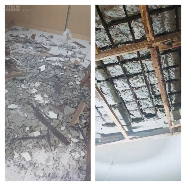 天花板鋼筋外露，鋼筋嚴重腐蝕；掉落到地板的天花板水泥塊。（當事人提供）
