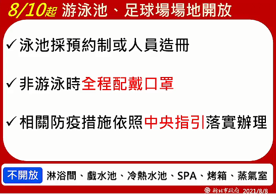 8月10日起開放游泳池、足球場場地。圖/翻攝自侯友宜臉書直播