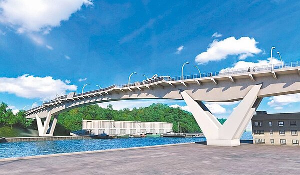 重建的南方澳跨港大橋造型發想是「鯖魚的故鄉」，完成後將結合交通與觀光於一體，圖為完工後示意圖。圖／公路總局提供