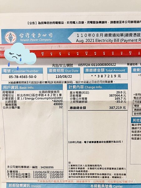 新北市林口區一家包子店收到電費繳費通知單,但應繳交金額竟超過38萬元,店家無奈「包子要賣多少才賺得回電費」。圖/翻攝爆料公社