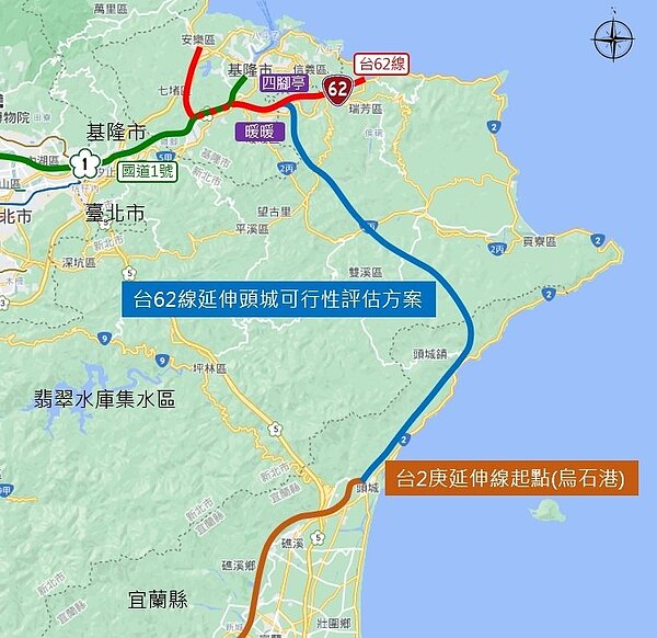 北宜快速道路評估路線是圖中藍色路段,位於上方的新北端點與國1很近,要到基隆與台北都很方便,有助打造北北基宜生活圈。圖/宜蘭縣府提供