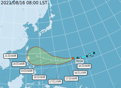 熱帶低壓在台灣東部距離3000公里處，中央氣象局表示，今明兩天行程颱風的條件不足，端看周三以後的變化，才能判定有沒有機會形成颱風「奧麥斯」。圖／截自氣象局
