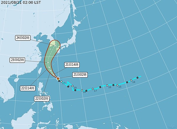 輕颱奧麥斯的路徑潛勢預報。圖／取自中央氣象局網站
