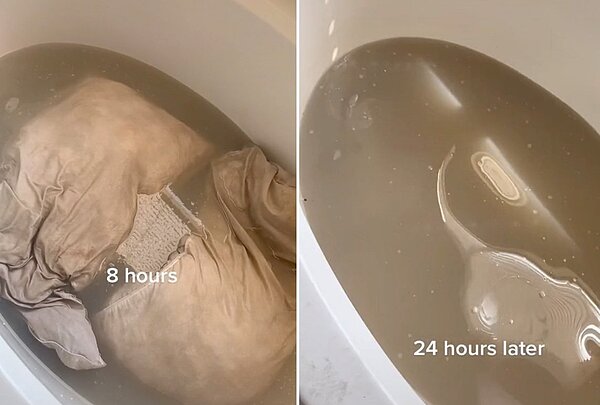 萊西把老公枕頭拿去洗，骯髒畫面讓她直呼太恐怖。 圖／抖音TikTok