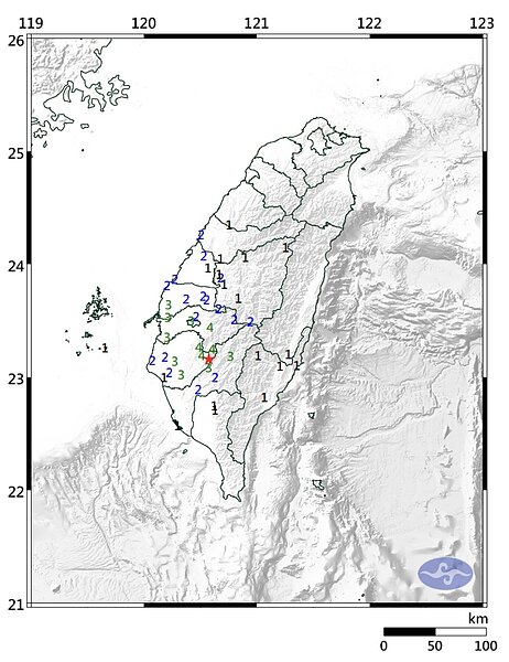台南南化22日晚上發生地震。圖/氣象局提供
