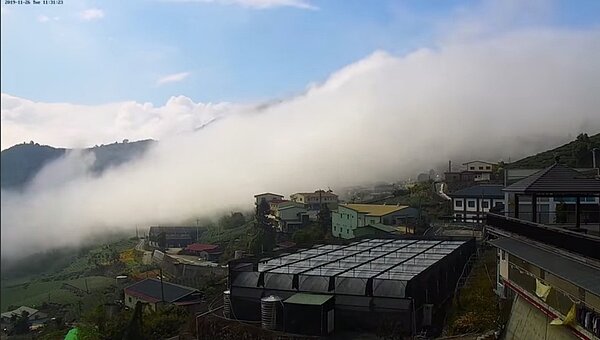 生力農場內高清攝影機捕捉隙頂雲瀑猶如巨龍般傾瀉而下,遊客目擊打趣地說,難道阿里山發生雪崩了嗎。圖/阿里山風景管理處提供