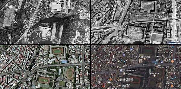 西藏路一甲子的變化(1958、1973、2013、2017)(圖片來源:臺北市歷史圖資展示系統)