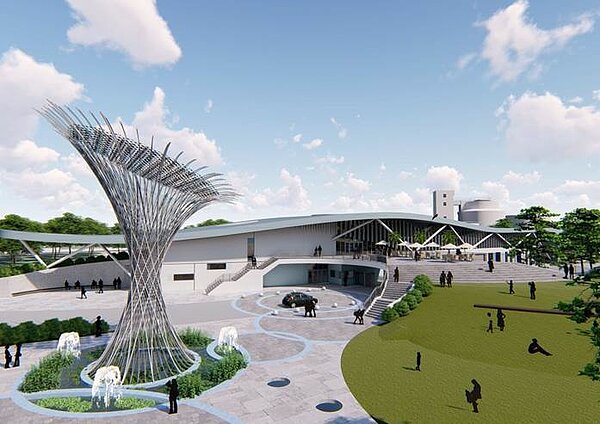 建築設計示意圖,桃園北區水資源回收中心再生水BTO計畫與園區太陽能源塔。圖/業者提供