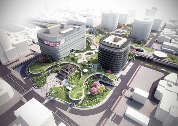 高雄車站地下化後於車站旁新建的旅館和商業大樓,預定2023年完工,負責興建的交通部鐵道局將於2024年移交給台鐵局進行招商。圖/鐵道局提供