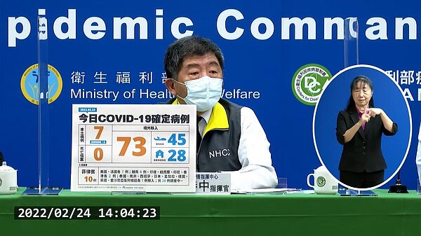 今日新增7例本土、73例境外移入病例。圖/截自疾管署直播。