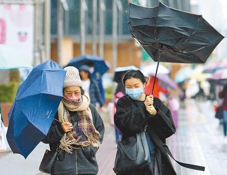 年初以來特別溼冷，全台降雨是過去同期2倍。圖為民眾戴上毛帽、圍上圍巾，雨傘擋不住寒風被吹翻。（本報資料照片）