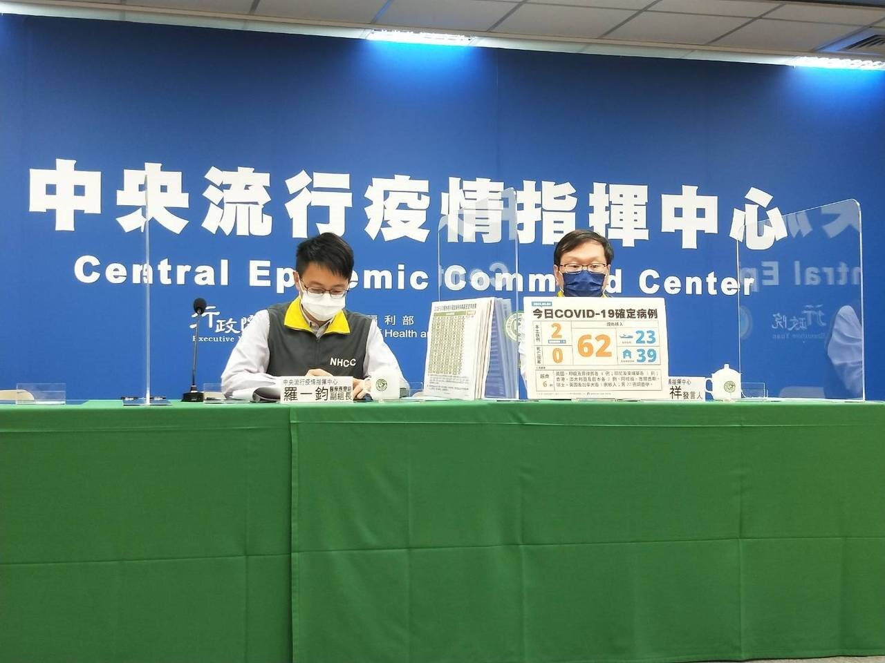 指揮中心醫療應變組副組長羅一鈞（左）、發言人莊人祥（右）說明國內疫情發展。記者謝承恩／攝影 