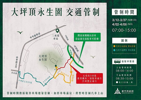 新竹大坪頂永生園交通管制。圖/新竹市政府提供