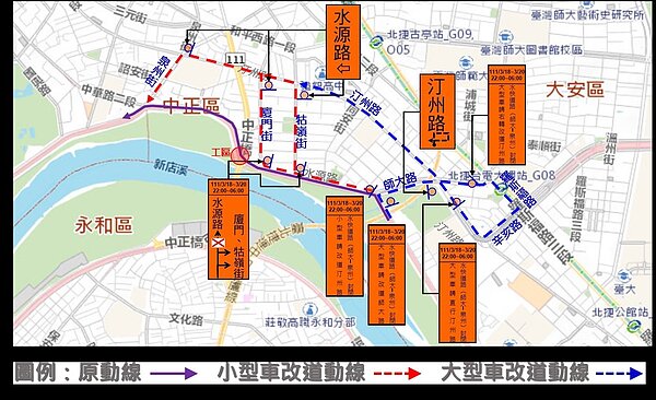 111年3月18日（夜間）施工改道動線示意圖。圖／北市府提供