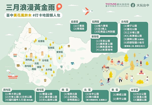 台中黃花風鈴木31處賞花勝地。圖／台中市政府提供